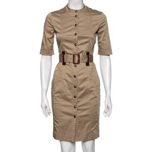 Burberry London Beige Cotton Button Front Belted Safari Dress S