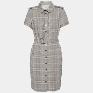 Pre Owned Burberry London Grey Checkered Cotton Belted Shirt Dress L