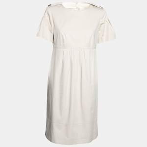 Pre Owned Burberry London Beige Cotton Pleated Front Crew Neck Flared Dress M