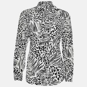Burberry London Monochrome Animal Print Silk Bow Blouse M