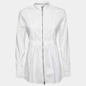 Pre Owned Burberry White Cotton Zip Front Long-Sleeve Top S 