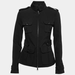 Burberry London Black Crepe Zip Front Military Jacket S