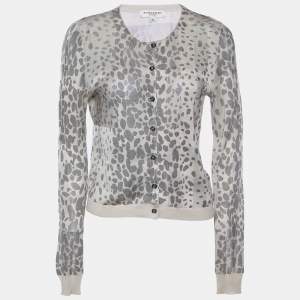 Burberry London Beige Animal Printed Silk Knit Button Front Cardigan XS