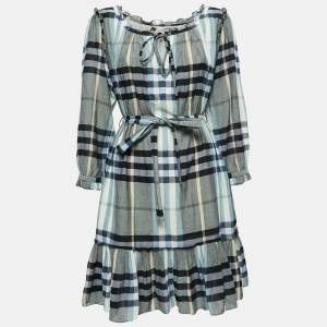 Burberry Green Checked Cotton Ruffle Detailed Short dress M