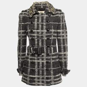 Burberry London Black/Grey Checked Wool Embellished Collar Coat M