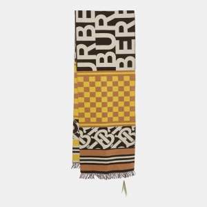 Pre Owned Burberry Yellow/Brown Wool Text Checkerboard Football Scarf