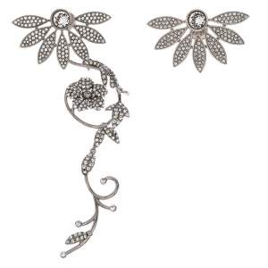 Burberry Half Daisy Crystal Silver Tone Clip-on Asymmetric Stud Drop Earrings