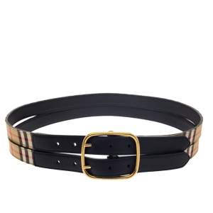 مملوكة مسبقًا Burberry Black/Beige House Check Canvas and Leather Lynton Double Strap Belt 85CM