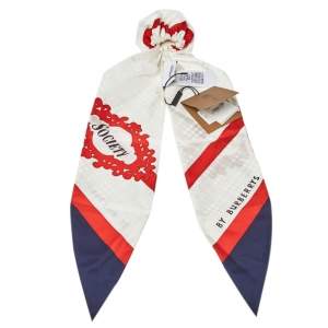 Pre Owned Burberry White Archive Society Print Silk Hair Scarf 