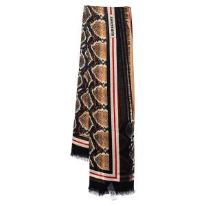Burberry Brown Snakeskin & Stripe Print Silk Wool Scarf