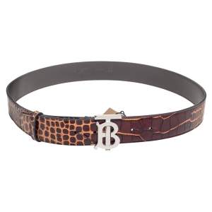 Burberry Brown Croc Embossed Leather TB Buckle Belt 95 CM