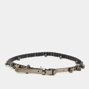 Pre Owned Burberry Gun Metal Leather Embellished Seabrook15 Skinny Belt 80CM