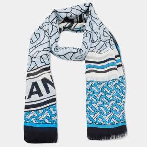 Burberry Blue Monogram Printed Silk & Wool Scarf