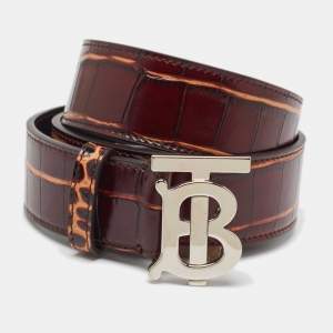 Burberry Brown Croc Embossed Leather TB Buckle Belt 80CM