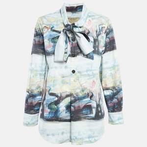 Burberry Multicolor Cotton Tie-Up Neck Full Sleeve Top M