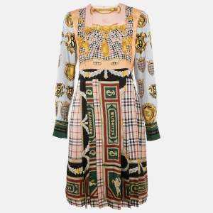 Burberry Multicolor Scarf Print Silk Pleated Long Sleeve Midi Dress M