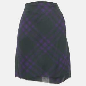 Burberry Dark Green/Purple Tartan Print Silk Pleated Wrap Skirt M