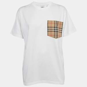 مملوكة مسبقًا Burberry White Cotton Carrick Check Pocket Detail Oversized T-Shirt XS