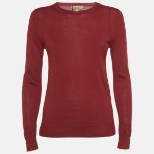 Pre Owned Burberry Red Merino Wool Knit Elbow Patch Sweater XS