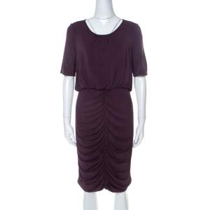 Pre Owned Burberry Purple Jersey Ruched Short Sleeve Dress L
