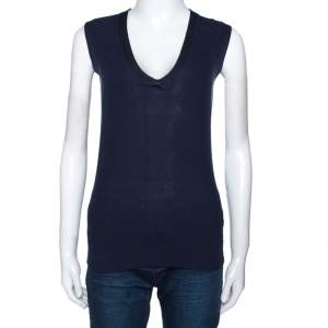 Pre Owned Burberry London Navy Blue Cotton Silk Knit Sleeveless V Neck Top S