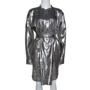 Pre Owned فستان قميص بربري بحزام لاميه و حرير فضي ميتاليك  كبير (لارج) 