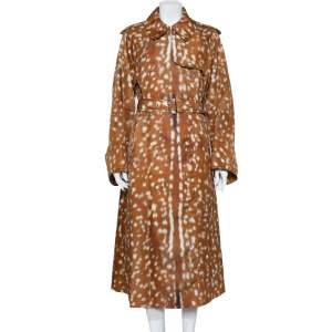 Burberry Brown Deer Printed Exaggerated Cuff Detail Belted Trench Coat M