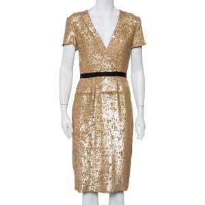 Pre Owned Burberry Vintage Gold Sequined V Neck Sheath Dress S