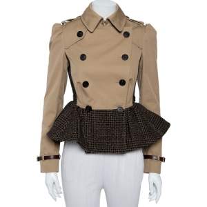 Pre Owned Burberry Prorsum Beige Cotton & Black Tweed Paneled Peplum Double Breasted Jacket S 