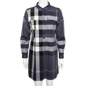 Pre Owned Burberry Brit Blue Checkered Cotton Peggie Shirt Dress M
