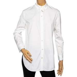 قميص بربري قطن أبيض مزين بتطريز شعار الماركة أزرار أمامية مقاس صغير جداً (اكس سمول)
