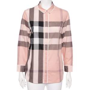 Pre Owned Burberry Pink Checked Cotton Lace Trimmed Button Front Shirt M