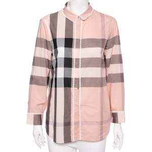 Pre Owned Burberry Pink Checked Cotton Lace Trimmed Button Front Shirt L