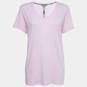 مملوكة مسبقًا Burberry Pink Cotton V-Neck T-Shirt L