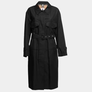 Burberry Black Gabardine Swingate Belted Trench Coat L 