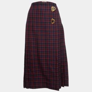 Burberry Blue & Pink Arroux Checked Pleated Wrap Midi Skirt L