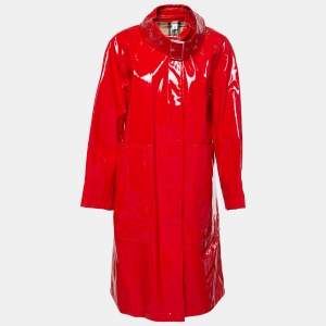 Pre Owned Burberry Red Glossed-Vinyl Belt Detailed Coat S