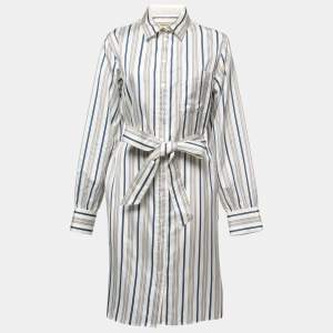 Burberry Multicolor Striped Silk Belted Shirt Midi Dress L