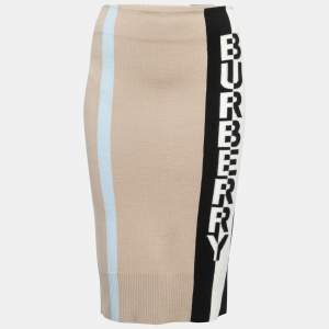 Burberry Beige Logo Jacquard Merino Wool Pencil Skirt S