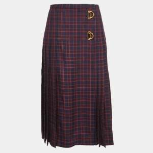 Burberry Navy Blue Checked Wool Arroux Pleated Skirt S