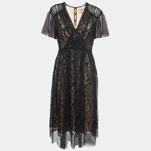 Burberry Black Tulle & Floral Lace V-Neck Flared Midi Dress M