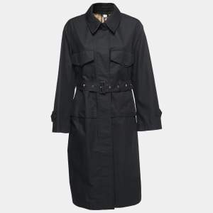 Burberry Black Gabardine Swingate Belted Trench Coat L 