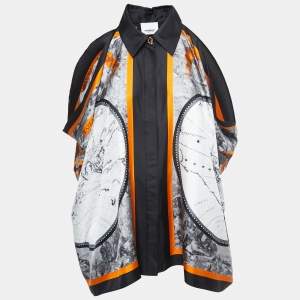 مملوكة مسبقًا بلوزة بربري حرير مطبوع متعدد الألوان بأزرار أمامية مقاس متوسط - ميديوم