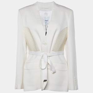 Burberry Off-White Wool Quilted Detail Belted Blazer L