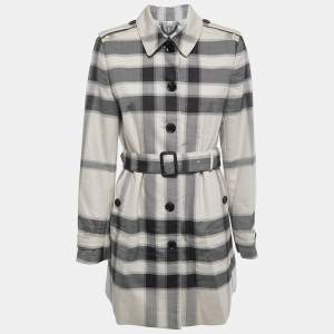 Burberry Beige/Black Plaid Wool Blend Single Breasted Belted Coat M