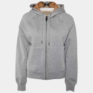Pre Owned Burberry Grey Cotton Check Lined Hooded Zip Up Jacket S
