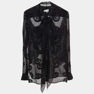 Burberry Black Logo Jacquard Silk Draped Style Sheer Shirt S