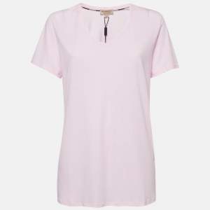 Pre Owned Burberry Pink Embroidered Cotton V-Neck T-Shirt L   