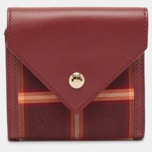 Pre Owned Burberry Burgundy Check Canvas and Leather Lila Trifold Wallet