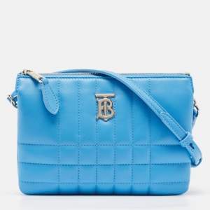 Burberry Sky Blue Quilted Check Leather Lola Double Pouch Crossbody Bag